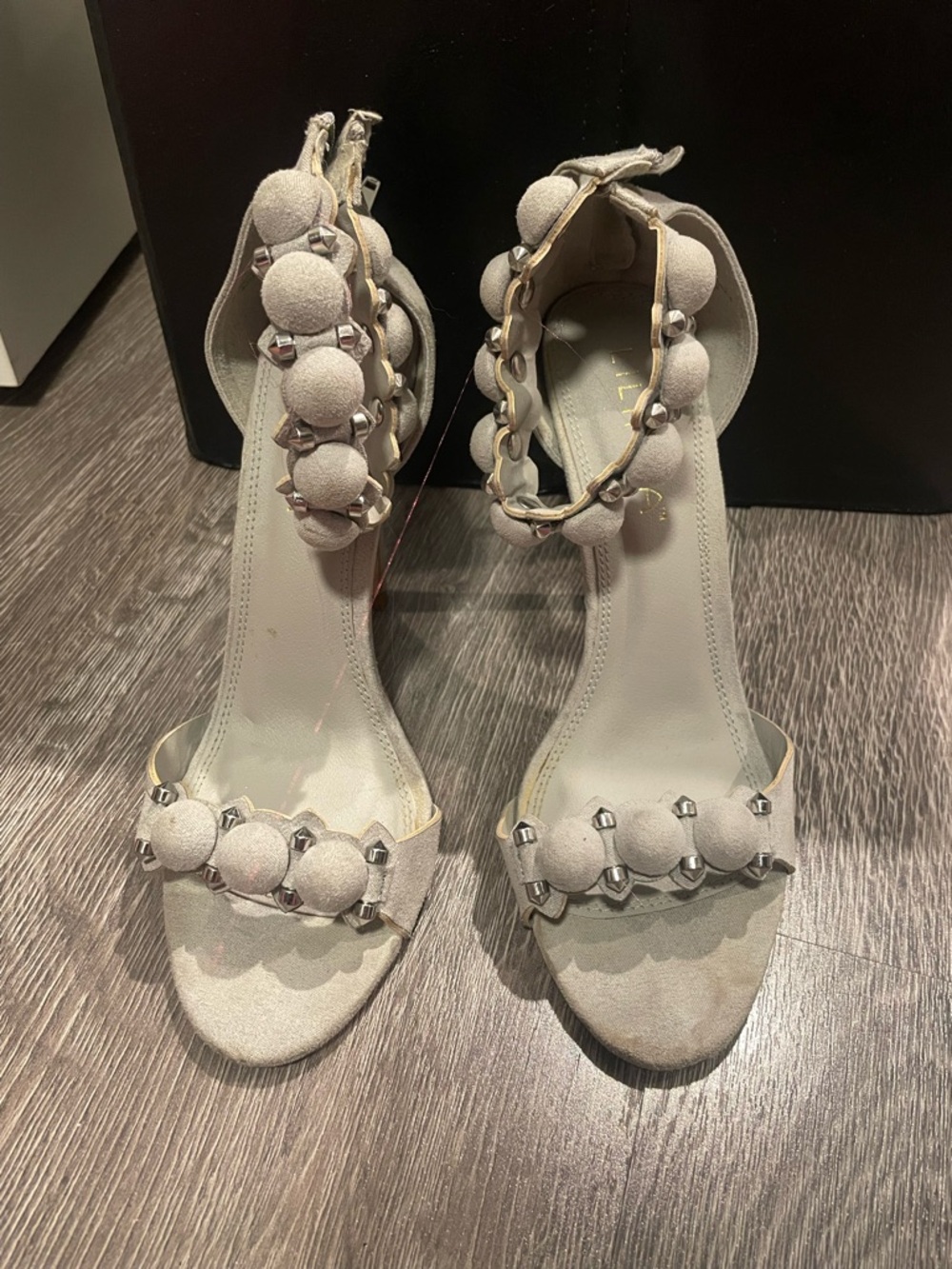Liliana Light Beige Suede Ankle-Strap Heels with Decorative Balls